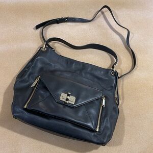 DIANE VON FURSTENBERG BLACK LEATHER SECRET AGENT HOBO BAG & 2 REMOVABLE CLUTCHES